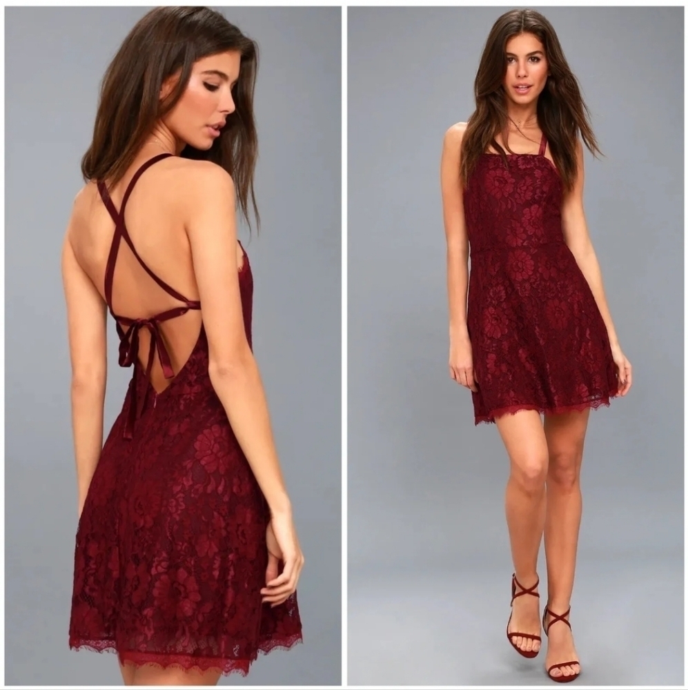 LULUS La Belle Vie Burgundy Lace Backless Fit & Flare Dress Large